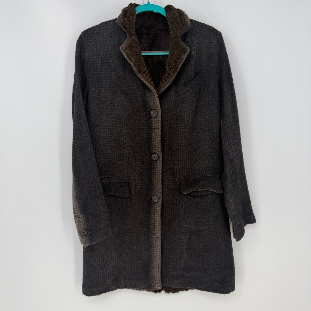 Overcoat Women Medium Brown Faux Fur Lined Plaid Tweed Dark Academia Grunge Y2K